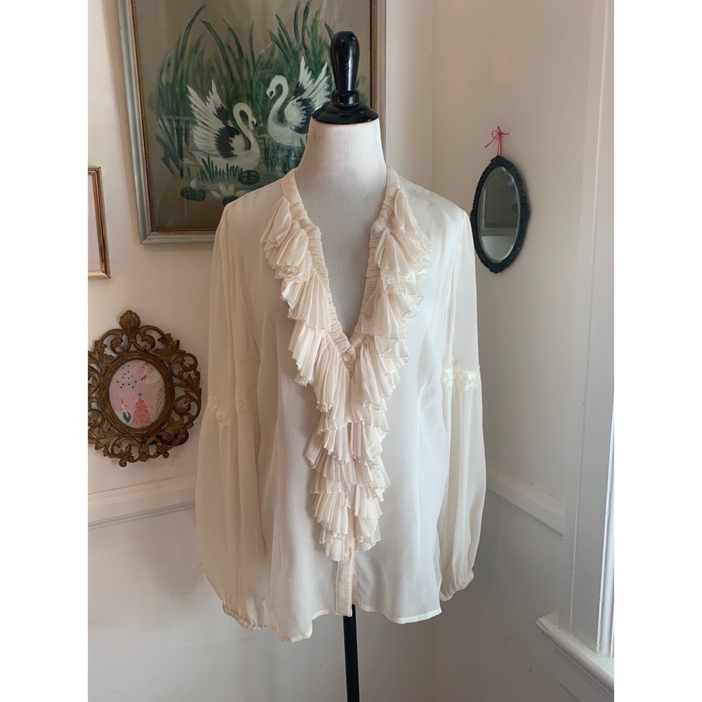 Vintage sheer silk creamy white ruffle front blouse!